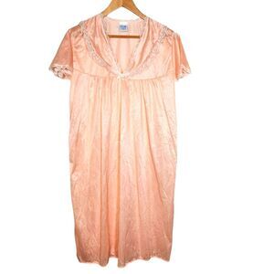 Vintage 70s Pink Peach Lace Trim Nightgown Satin Sheen Ruffle Short Sleeve XL‎
